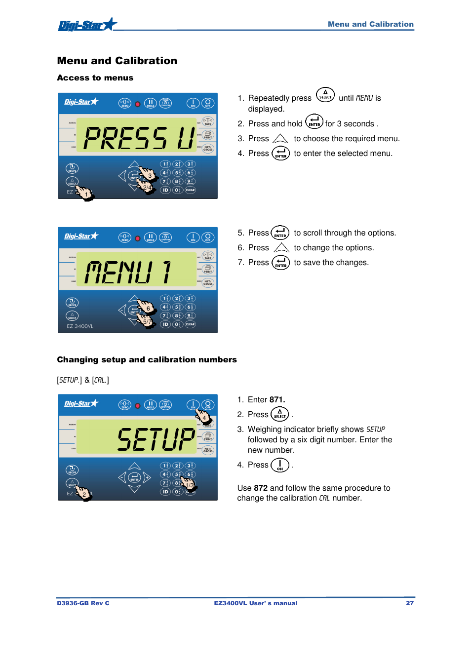 Press u, Menu 1, Setup | Digi-Star EZ3400VL User Manual | Page 27 / 33