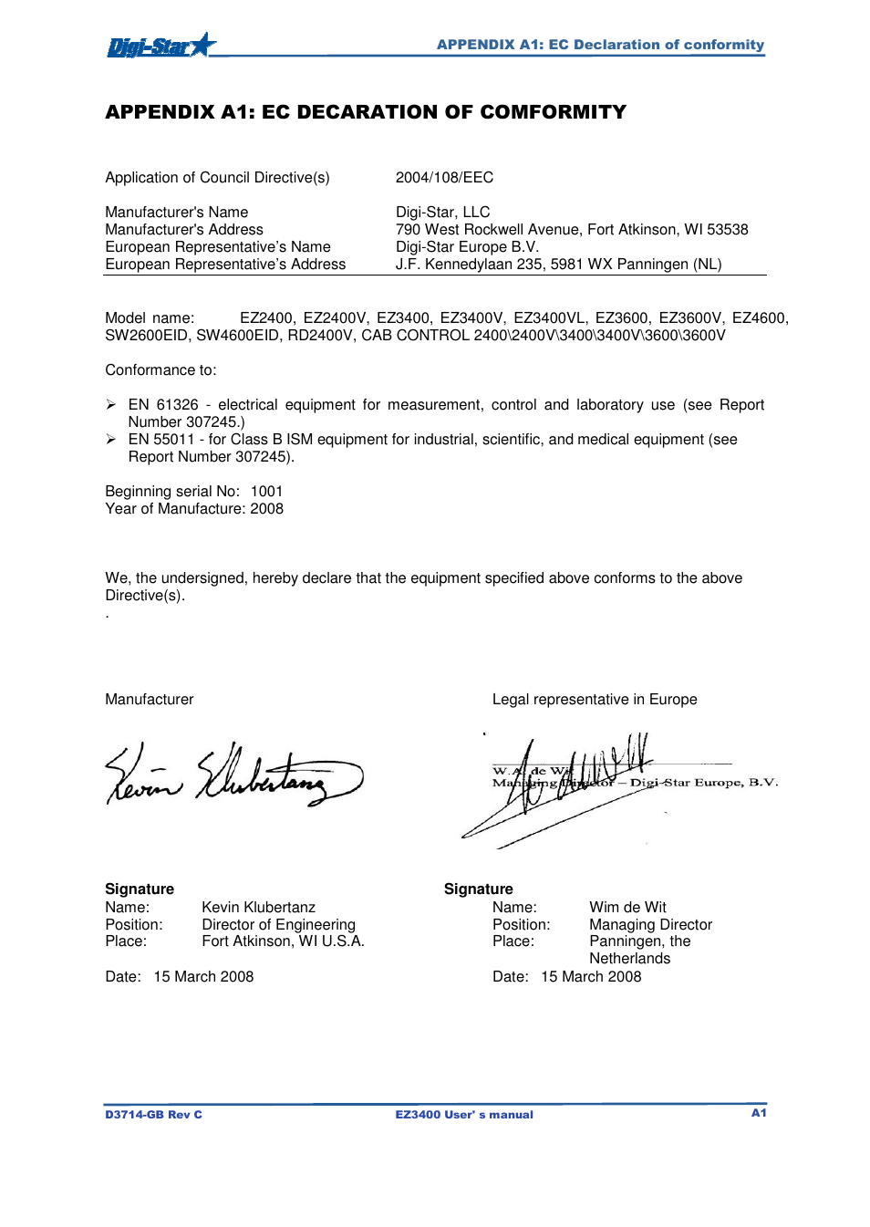 Appendix a1: ec decaration of comformity | Digi-Star EZ3400VL User Manual | Page 33 / 33
