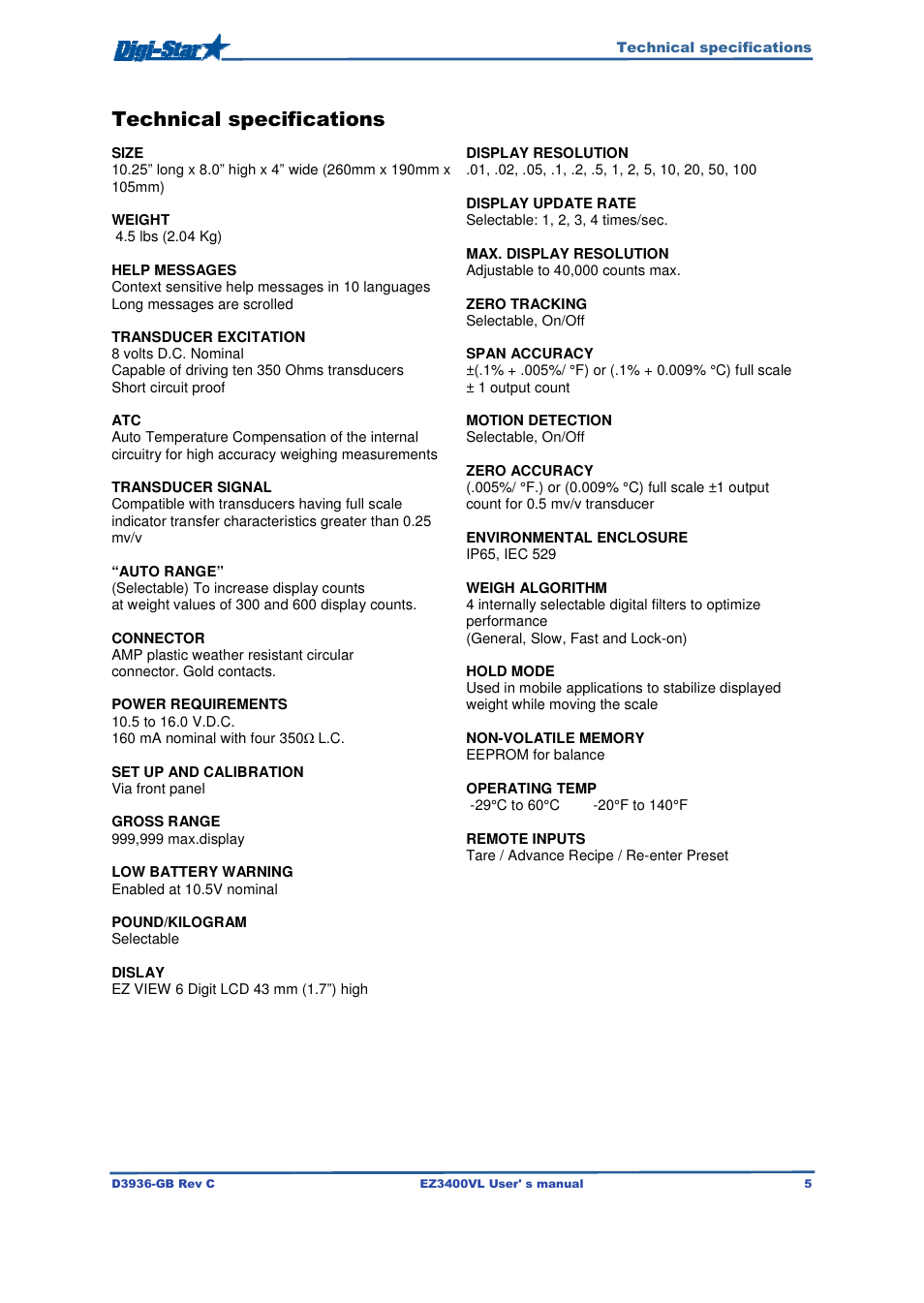 Technical specifications | Digi-Star EZ3400VL User Manual | Page 5 / 33