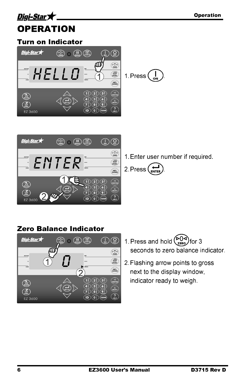 Hello enter, Turn on indicator, Zero balance indicator | Digi-Star EZ 3600 Manual DataKey User Manual | Page 10 / 50