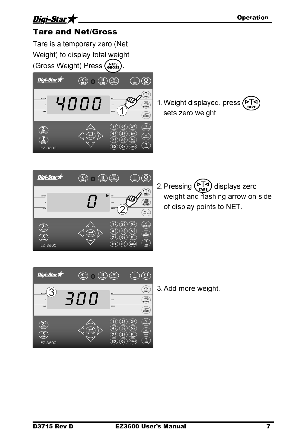 Tare and net/gross | Digi-Star EZ 3600 Manual DataKey User Manual | Page 11 / 50