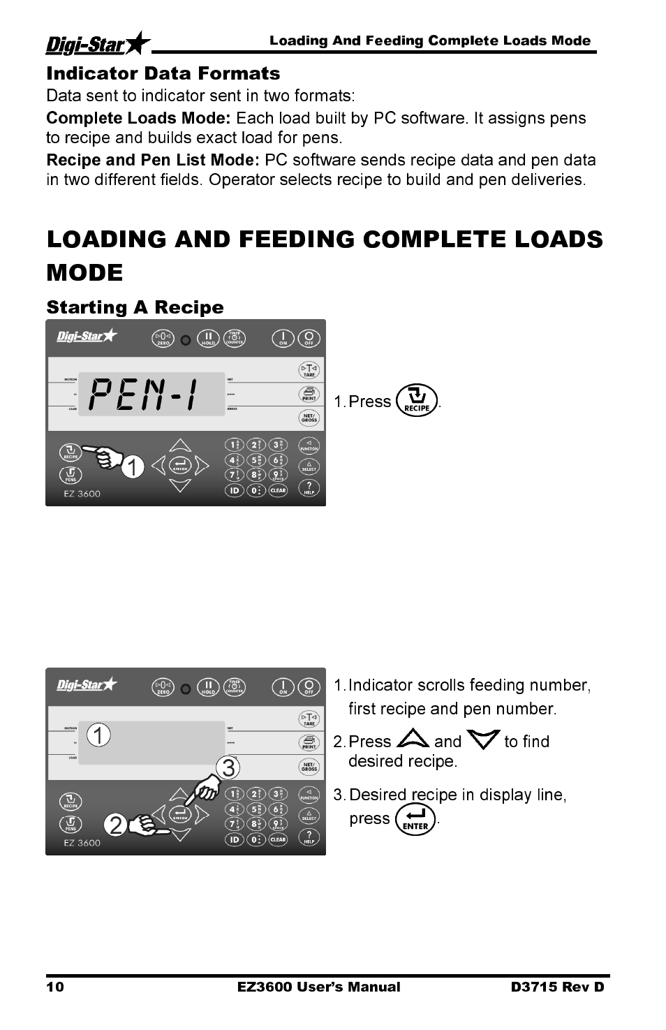 Pen-i, Indicator data formats, Starting a recipe | Digi-Star EZ 3600 Manual DataKey User Manual | Page 14 / 50