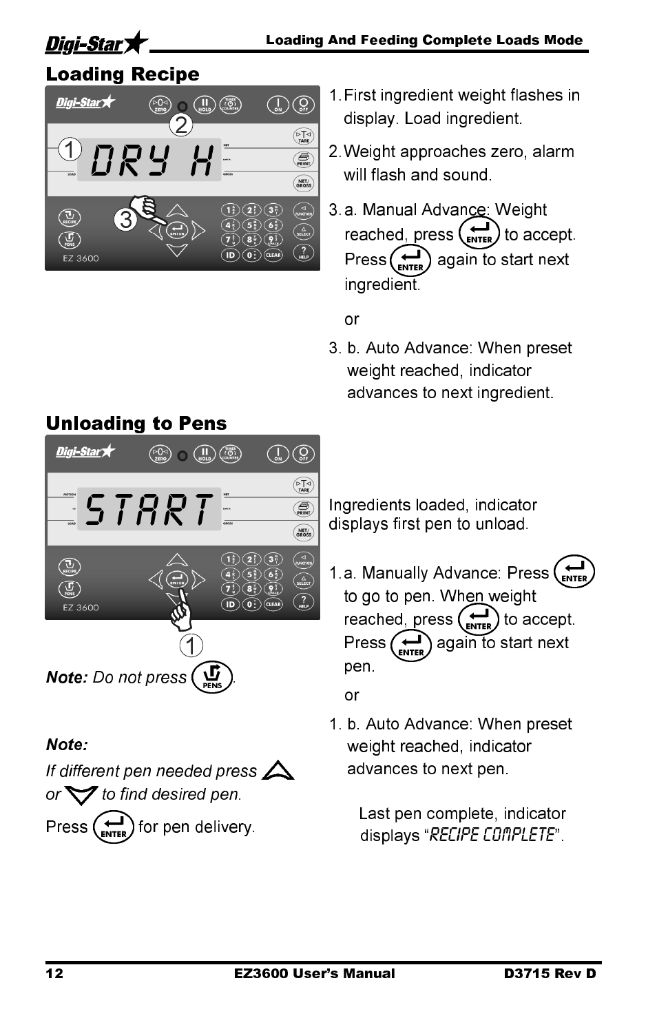 Dry h, Start, Loading recipe | Unloading to pens | Digi-Star EZ 3600 Manual DataKey User Manual | Page 16 / 50