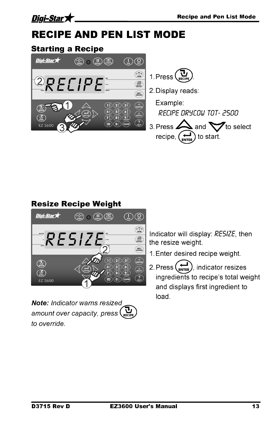 Recipe resize, Starting a recipe, Resize recipe weight | Digi-Star EZ 3600 Manual DataKey User Manual | Page 17 / 50