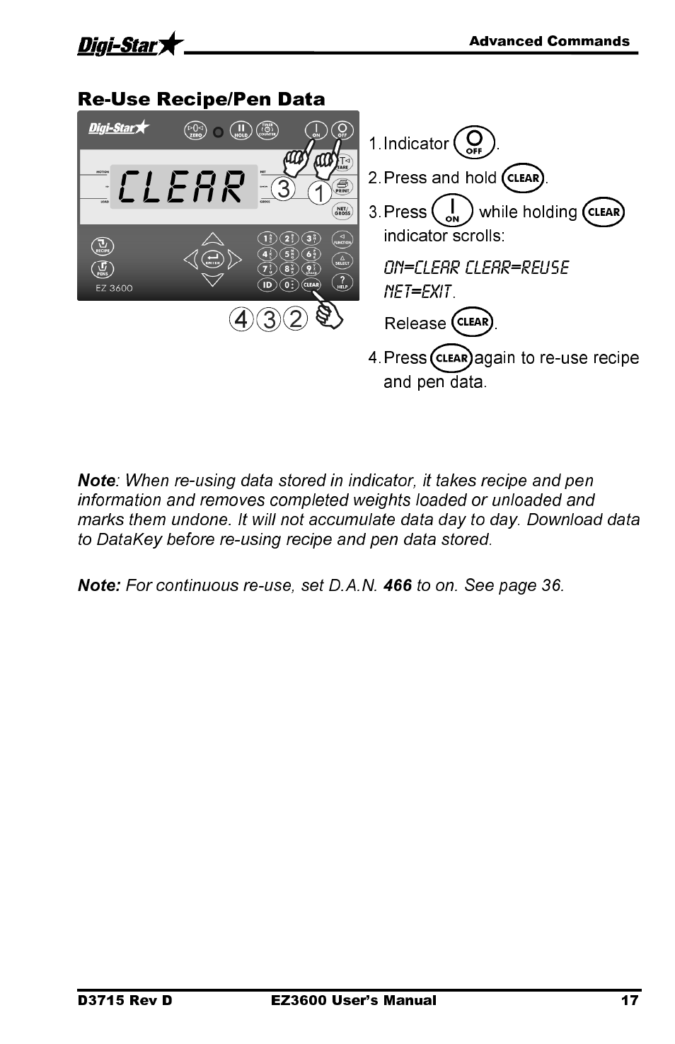 Clear, Re-use recipe/pen data | Digi-Star EZ 3600 Manual DataKey User Manual | Page 21 / 50