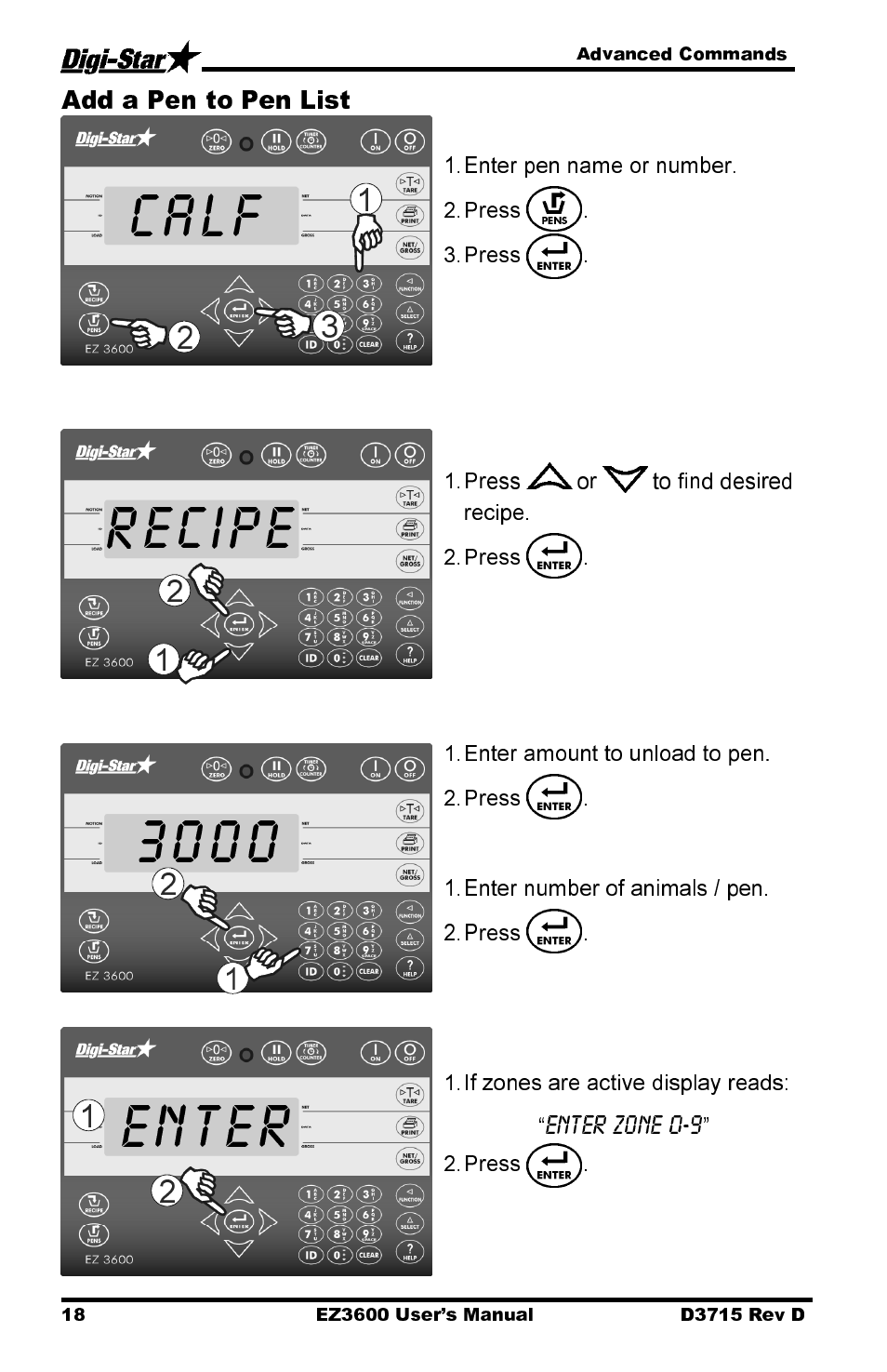 Calf, Recipe 3000, Enter | Add a pen to pen list | Digi-Star EZ 3600 Manual DataKey User Manual | Page 22 / 50