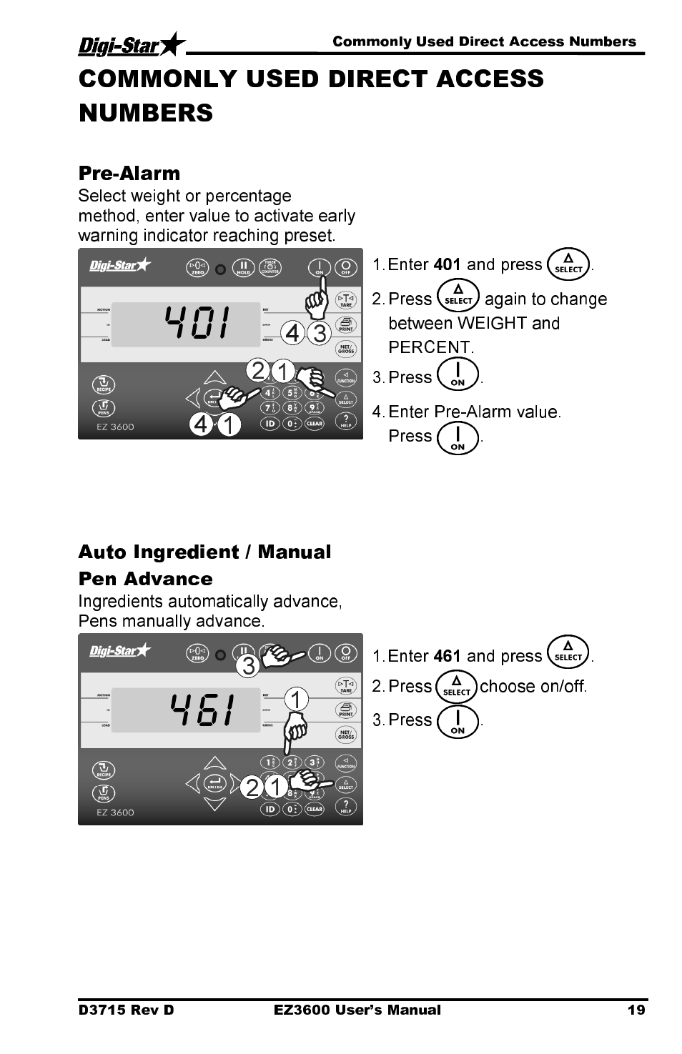 Pre-alarm, Auto ingredient / manual pen advance | Digi-Star EZ 3600 Manual DataKey User Manual | Page 23 / 50