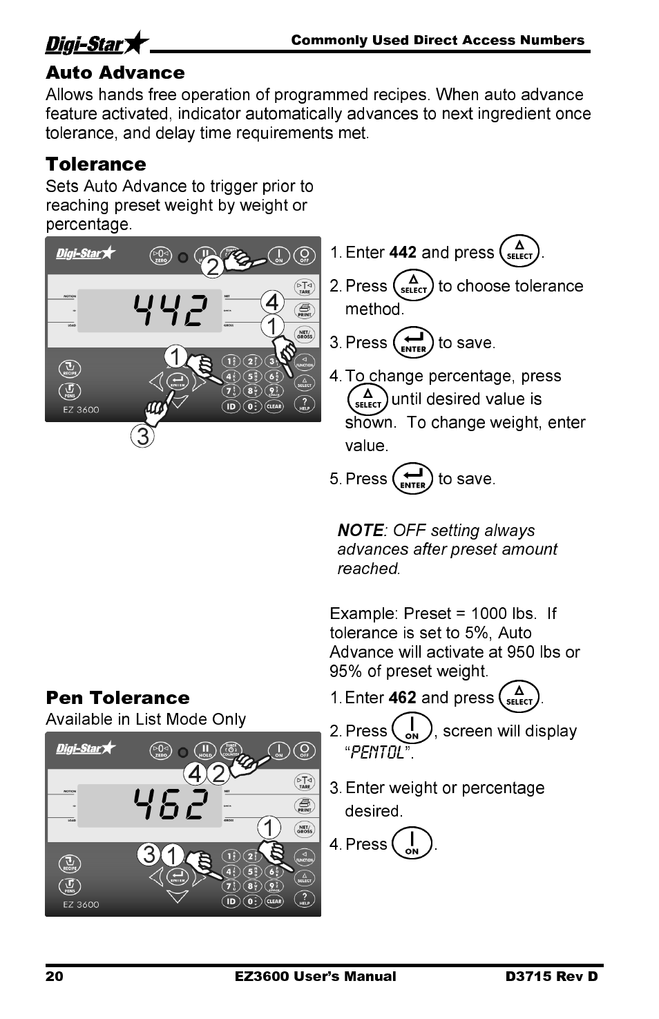 Auto advance, Tolerance, Pen tolerance | Digi-Star EZ 3600 Manual DataKey User Manual | Page 24 / 50