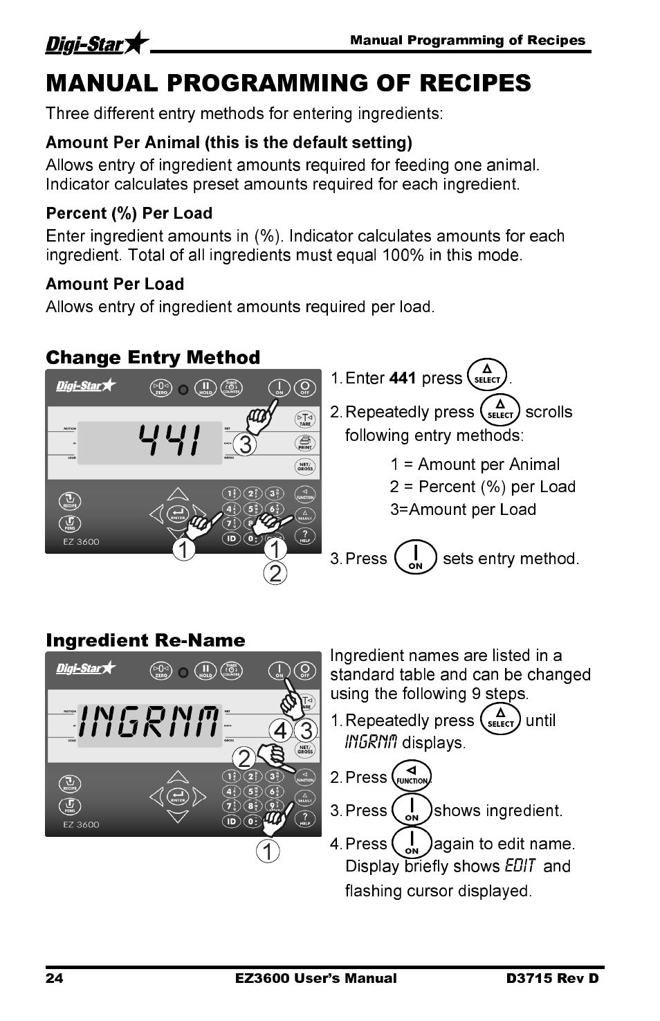 Ingrnm, Change entry method, Ingredient re-name | Digi-Star EZ 3600 Manual DataKey User Manual | Page 28 / 50