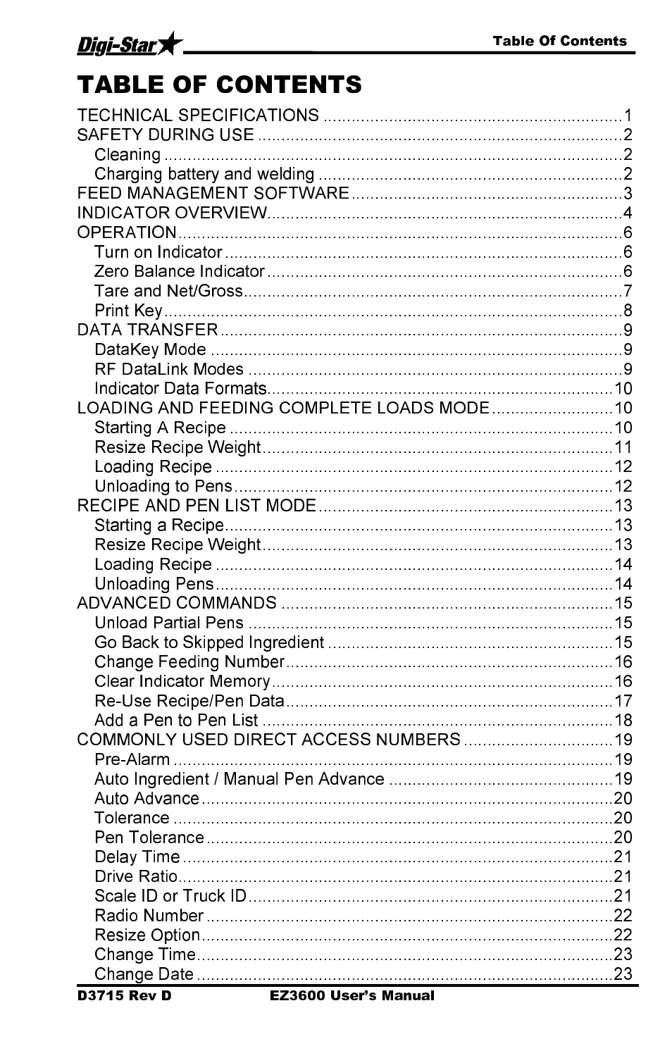 Technical specifications, Safety during use, Cleaning | Charging battery and welding, Feed management software, Indicator overview, Operation, Turn on indicator, Zero balance indicator, Tare and net/gross | Digi-Star EZ 3600 Manual DataKey User Manual | Page 3 / 50
