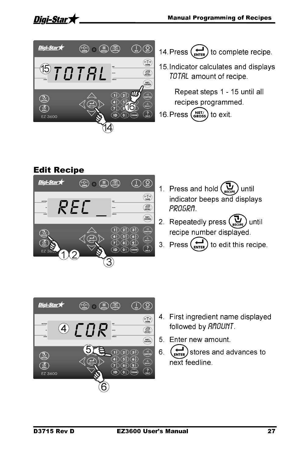 Total, Rec _ cor, Edit recipe | Digi-Star EZ 3600 Manual DataKey User Manual | Page 31 / 50