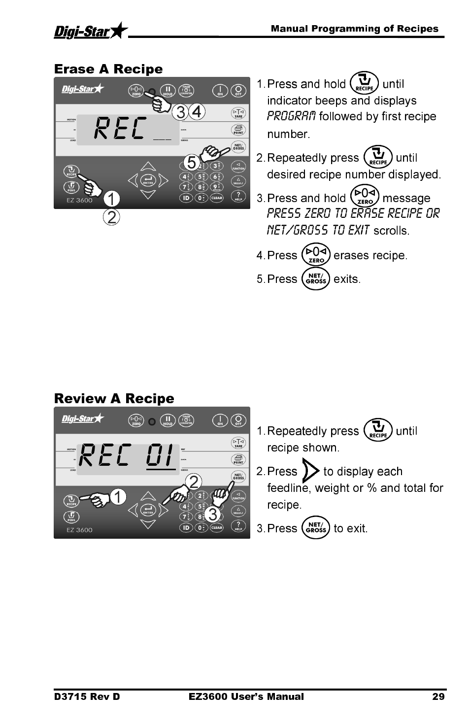 Rec 0i, Erase a recipe, Review a recipe | Digi-Star EZ 3600 Manual DataKey User Manual | Page 33 / 50