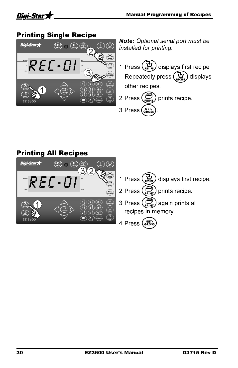 Rec-0i, Printing single recipe, Printing all recipes | Digi-Star EZ 3600 Manual DataKey User Manual | Page 34 / 50