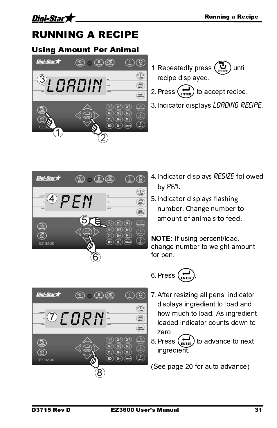Loadin pen corn, Using amount per animal | Digi-Star EZ 3600 Manual DataKey User Manual | Page 35 / 50