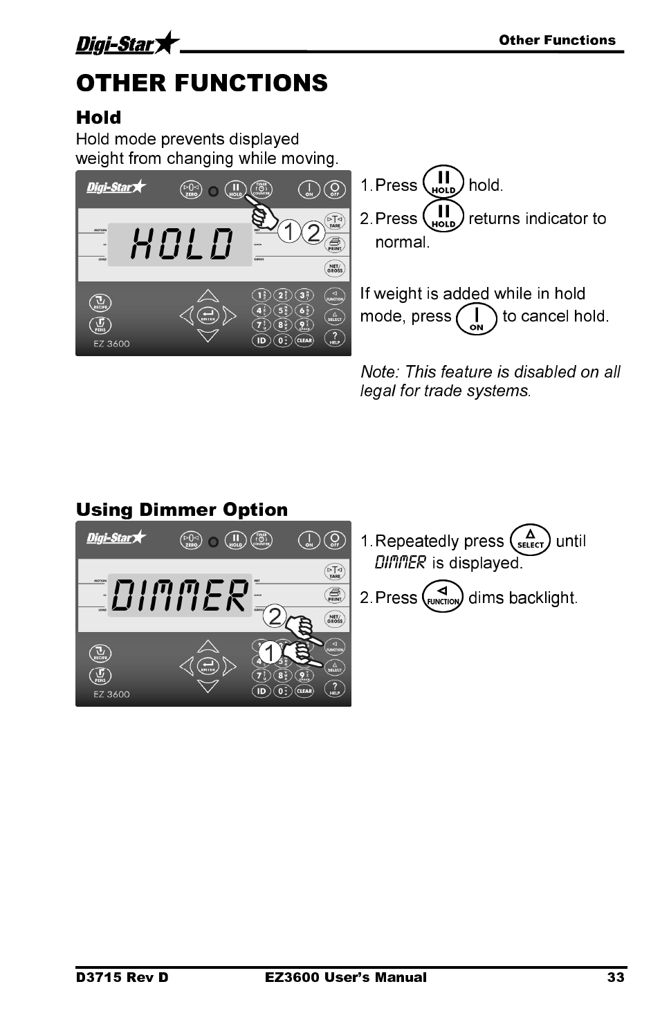 Dimmer, Hold, Using dimmer option | Digi-Star EZ 3600 Manual DataKey User Manual | Page 37 / 50