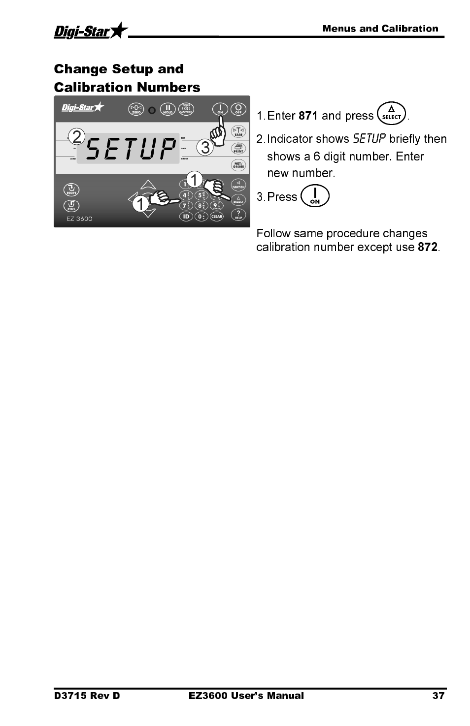 Setup, Change setup and calibration numbers | Digi-Star EZ 3600 Manual DataKey User Manual | Page 41 / 50