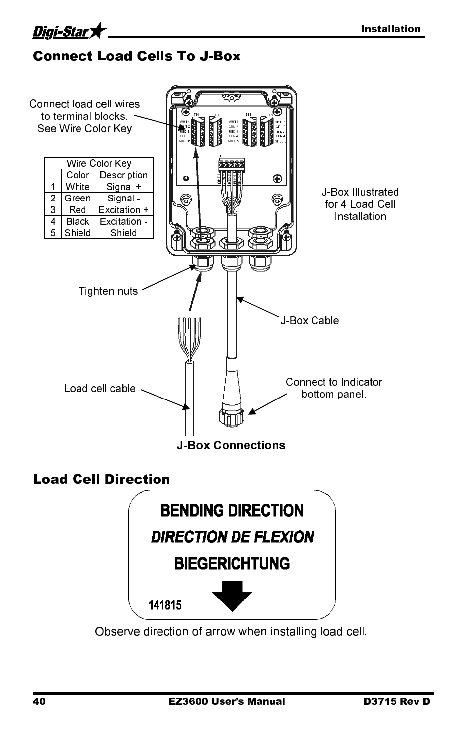 Connect load cells to j-box, Load cell direction, J-box connections | Digi-Star EZ 3600 Manual DataKey User Manual | Page 44 / 50