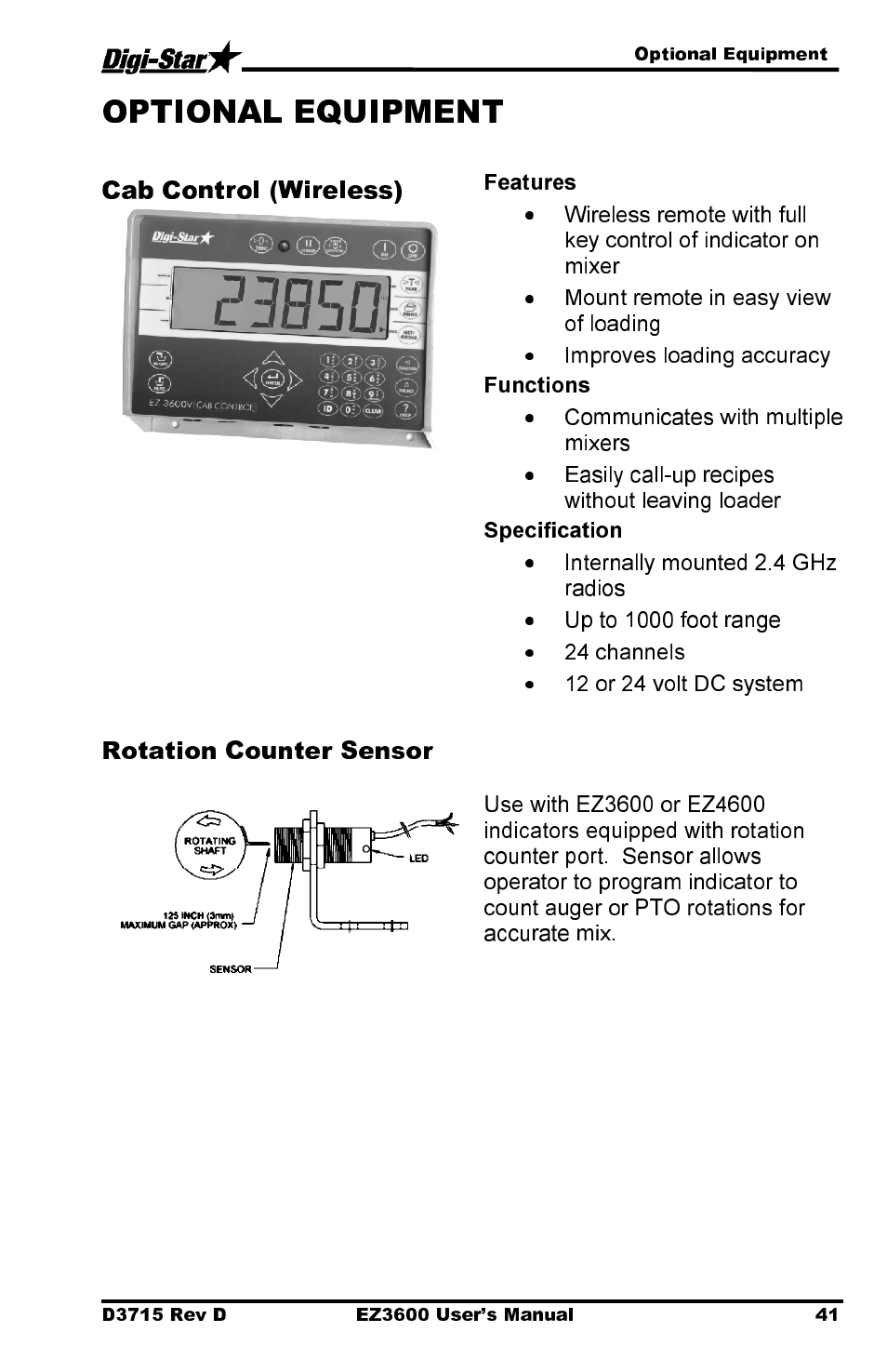 Cab control (wireless), Rotation counter sensor | Digi-Star EZ 3600 Manual DataKey User Manual | Page 45 / 50