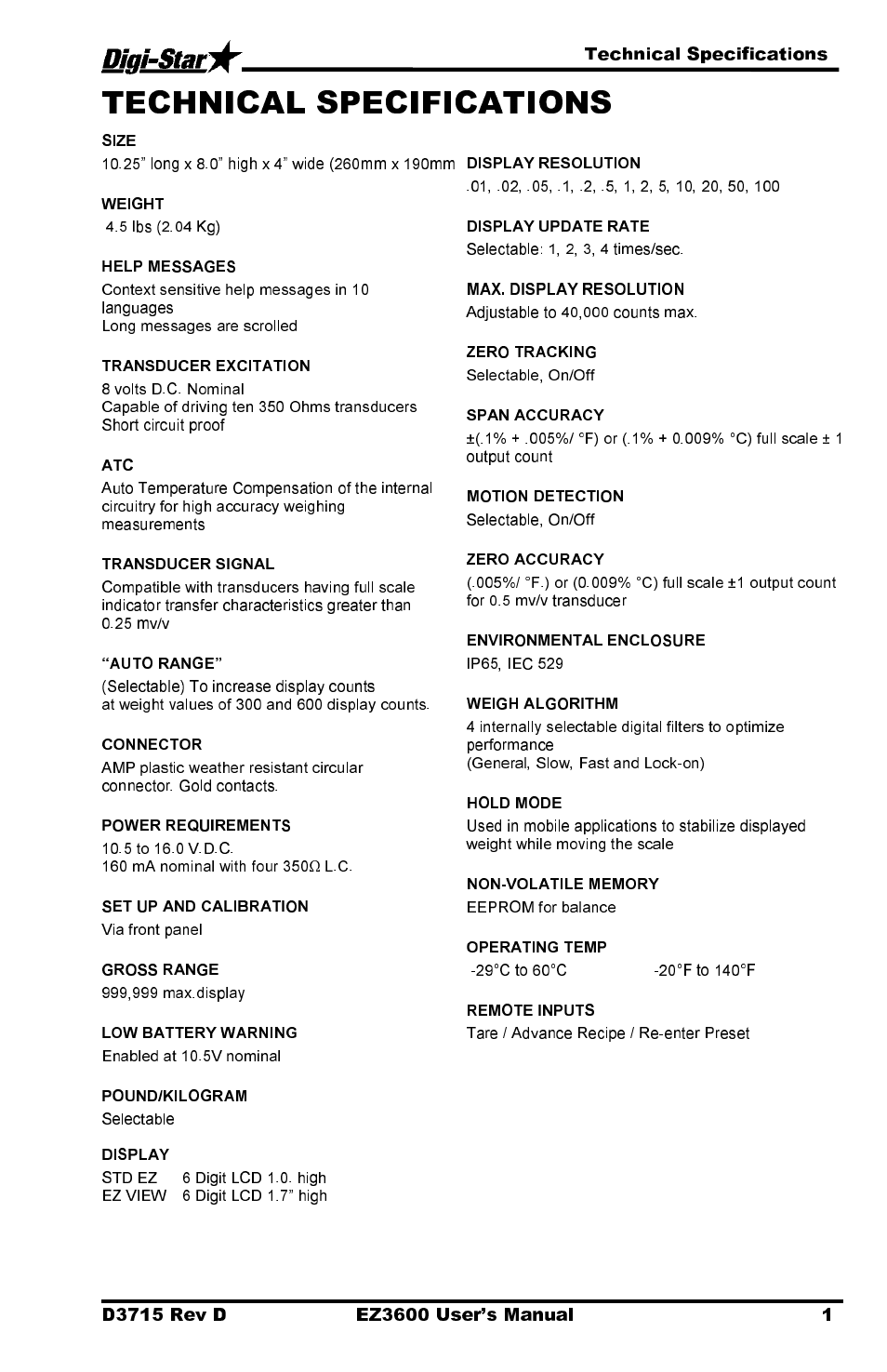 Technical specifications | Digi-Star EZ 3600 Manual DataKey User Manual | Page 5 / 50