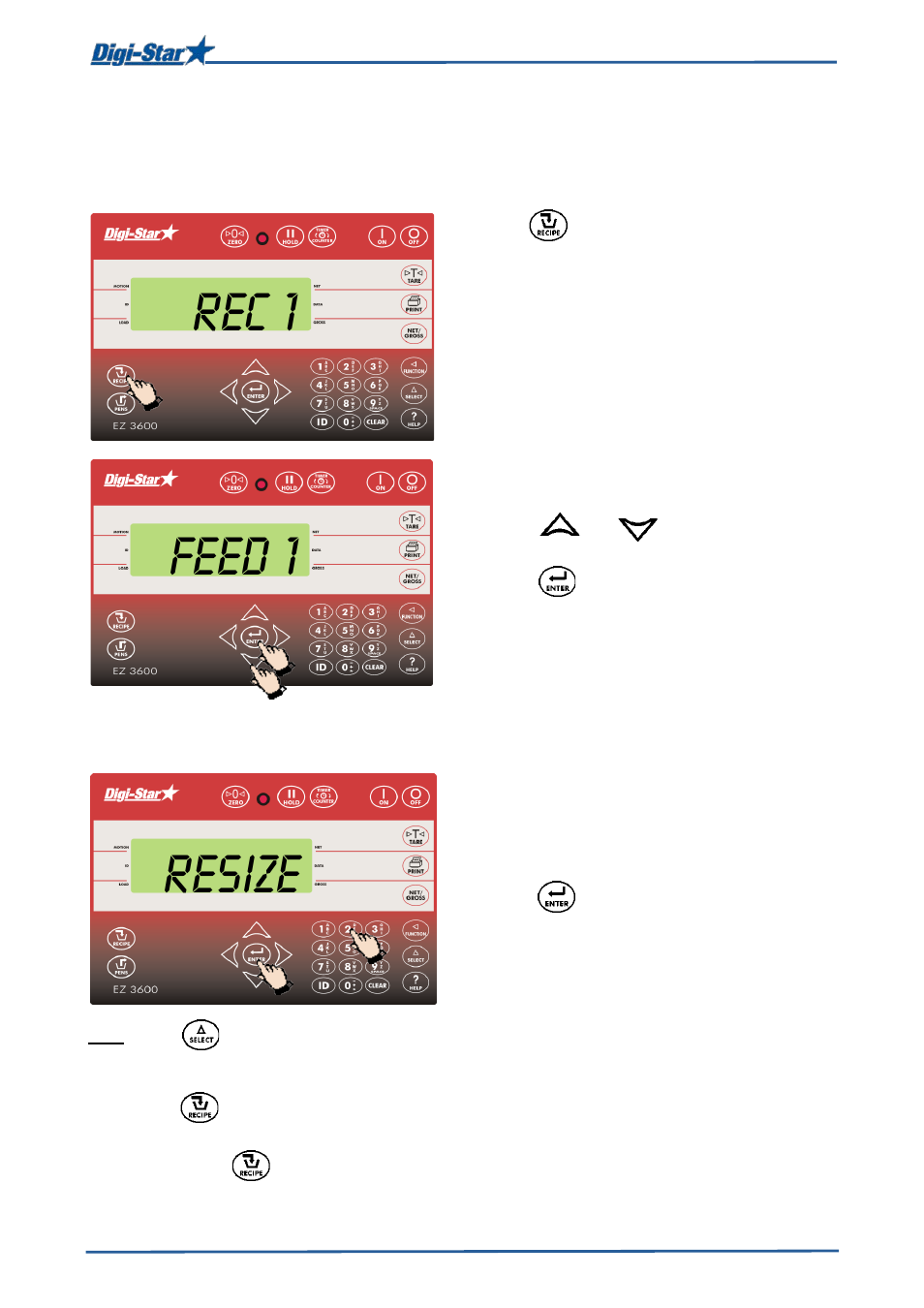 Loading and feeding in complete load mode, Loading recipes, Loading recipes resizing recipe weight | Rec 1 feed 1 resize | Digi-Star EZ 3600V Manual USB User Manual | Page 12 / 43