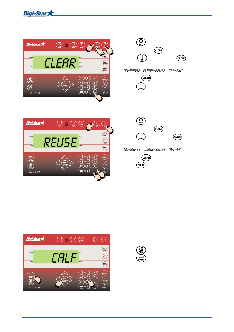 Clearing the indicator memory, Re-using recipe / group data, Adding a group to group list | Clear reuse, Calf | Digi-Star EZ 3600V Manual USB User Manual | Page 17 / 43