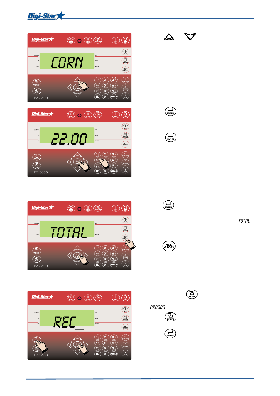 Changing ingredient amounts in the recipe, Corn, Total | Digi-Star EZ 3600V Manual USB User Manual | Page 22 / 43