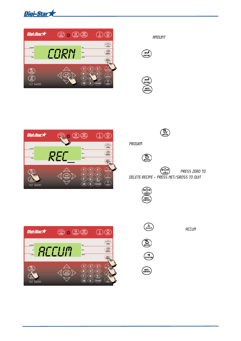 Deleting recipe, Calling up a recipe, Deleting recipe calling up a recipe | Corn, Accum | Digi-Star EZ 3600V Manual USB User Manual | Page 23 / 43