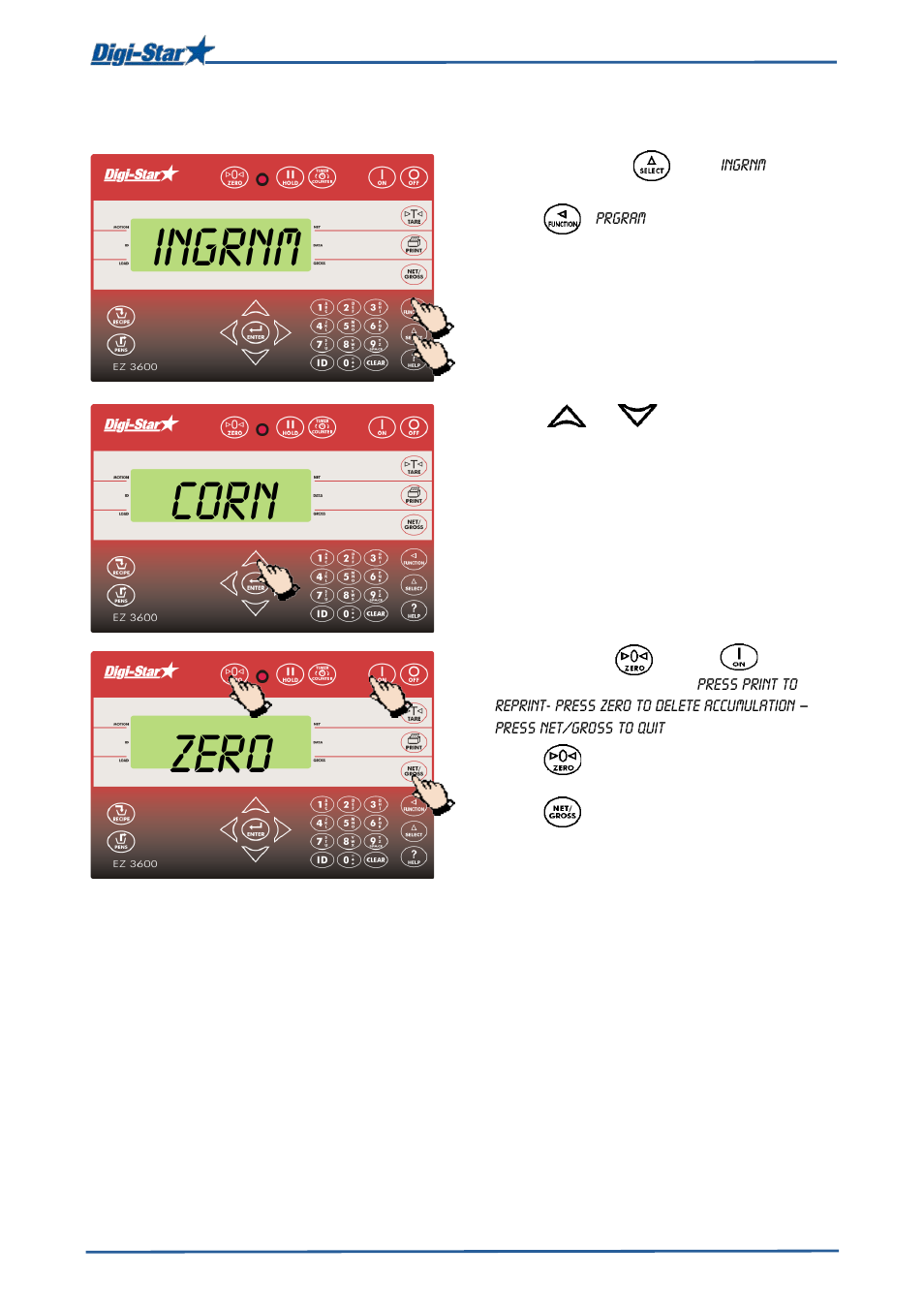 Deleting accumulative ingredient amounts, Zero, Ingrnm | Corn | Digi-Star EZ 3600V Manual USB User Manual | Page 28 / 43