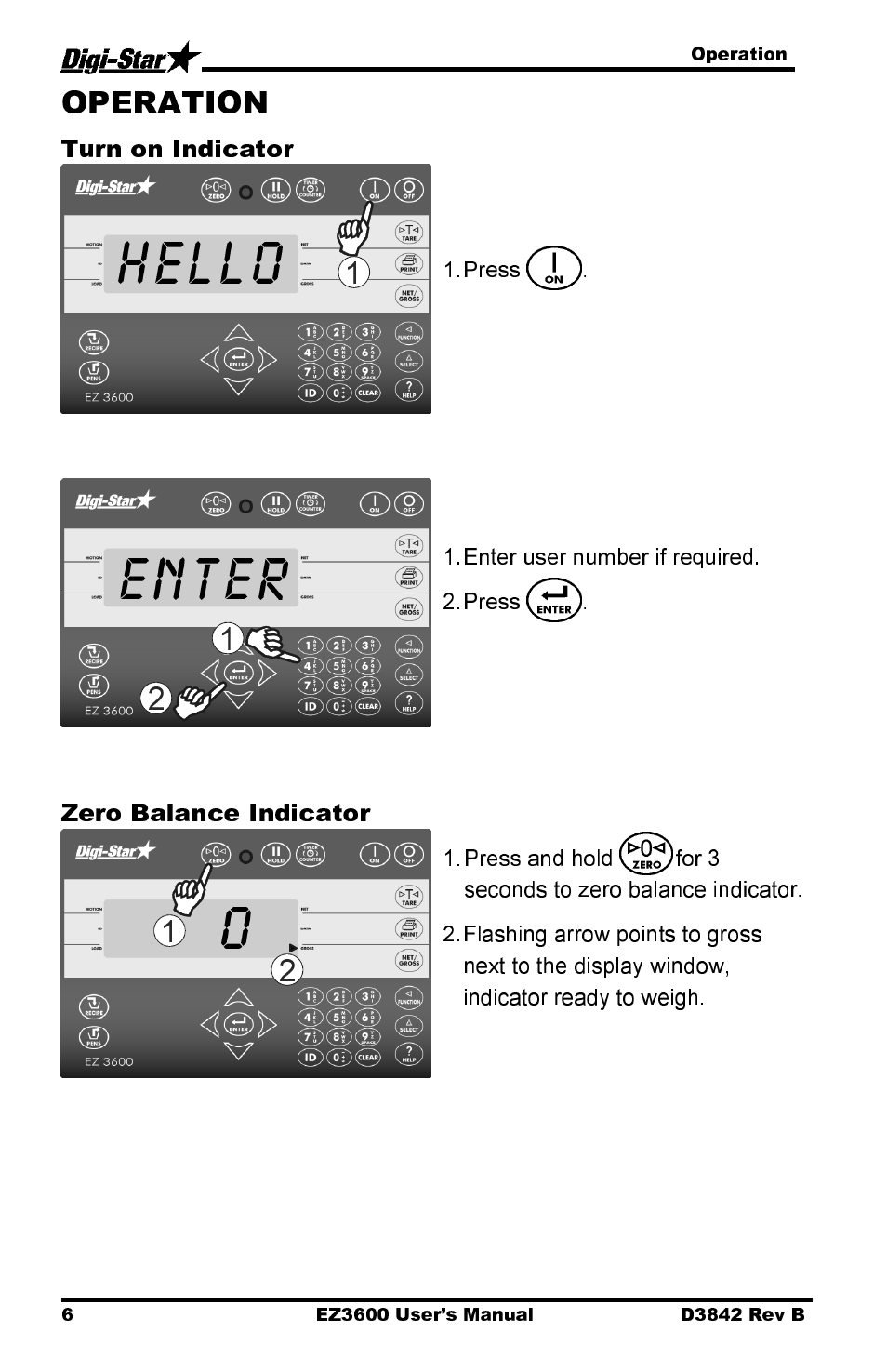 Hello enter, Turn on indicator, Zero balance indicator | Digi-Star EZ 3600 USB Manual User Manual | Page 10 / 52