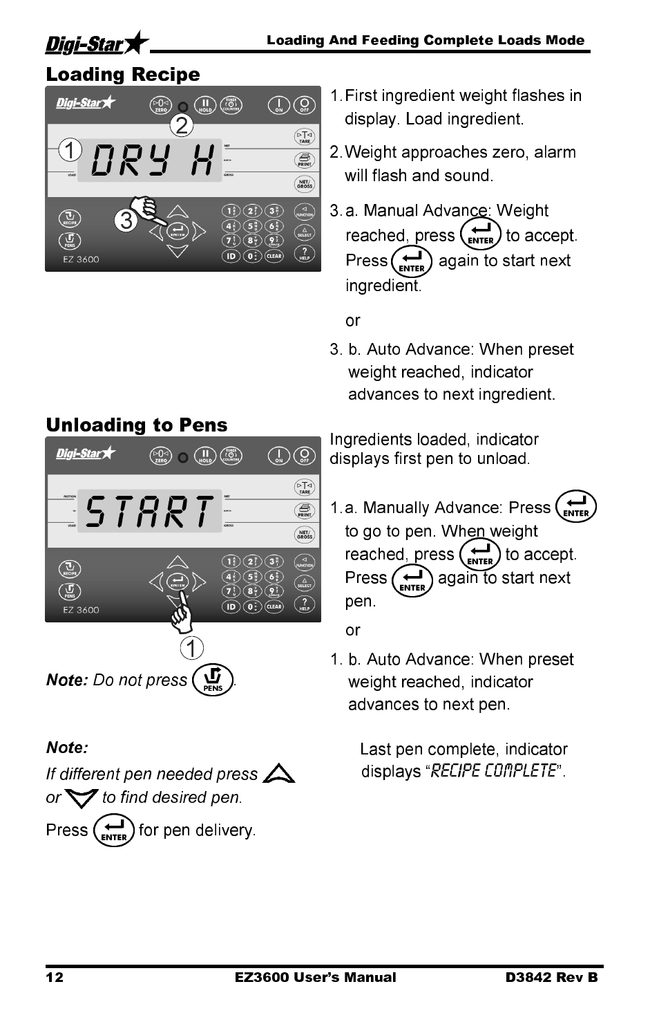 Dry h, Start, Loading recipe | Unloading to pens | Digi-Star EZ 3600 USB Manual User Manual | Page 16 / 52
