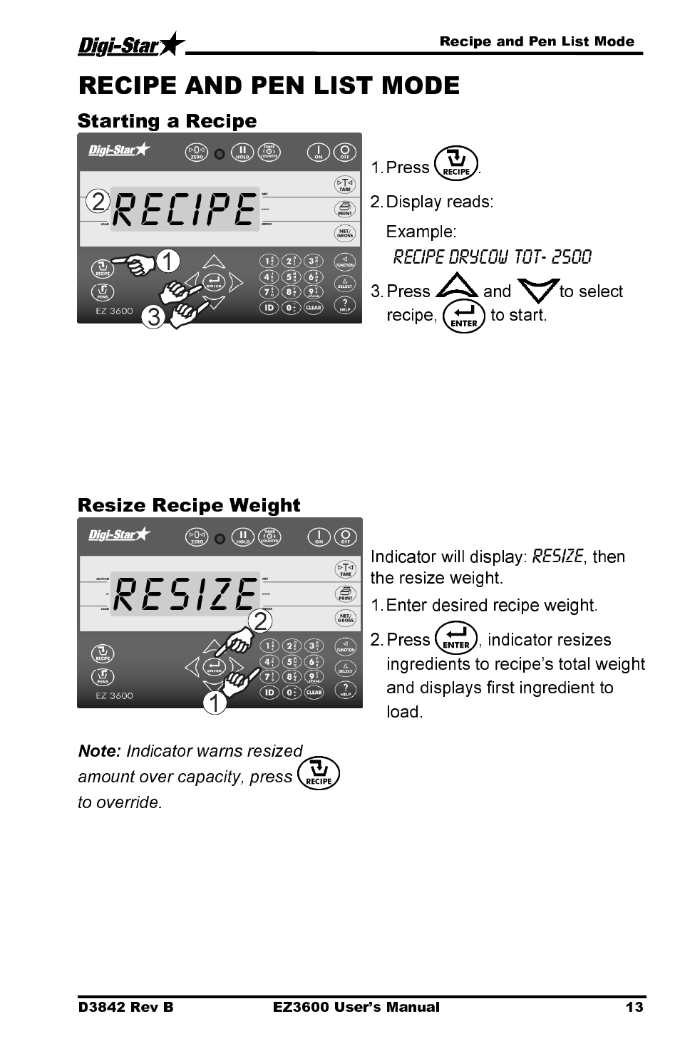 Recipe resize, Starting a recipe, Resize recipe weight | Digi-Star EZ 3600 USB Manual User Manual | Page 17 / 52