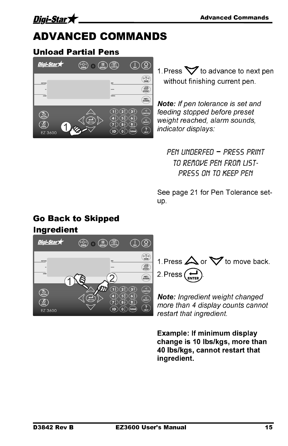 Unload partial pens, Go back to skipped ingredient | Digi-Star EZ 3600 USB Manual User Manual | Page 19 / 52