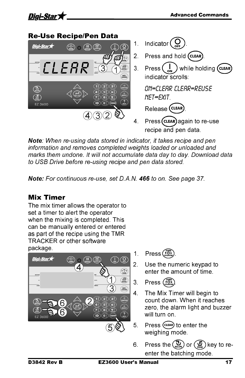 Clear, Re-use recipe/pen data, Mix timer | Digi-Star EZ 3600 USB Manual User Manual | Page 21 / 52
