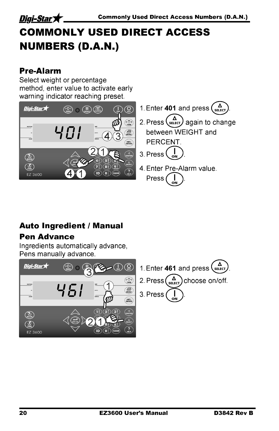 Pre-alarm, Auto ingredient / manual pen advance | Digi-Star EZ 3600 USB Manual User Manual | Page 24 / 52