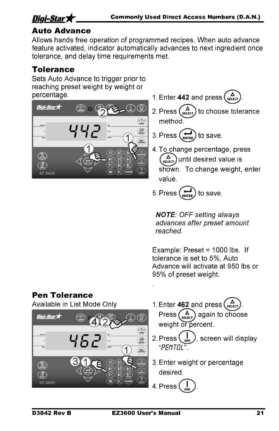 Auto advance, Tolerance, Pen tolerance | Digi-Star EZ 3600 USB Manual User Manual | Page 25 / 52