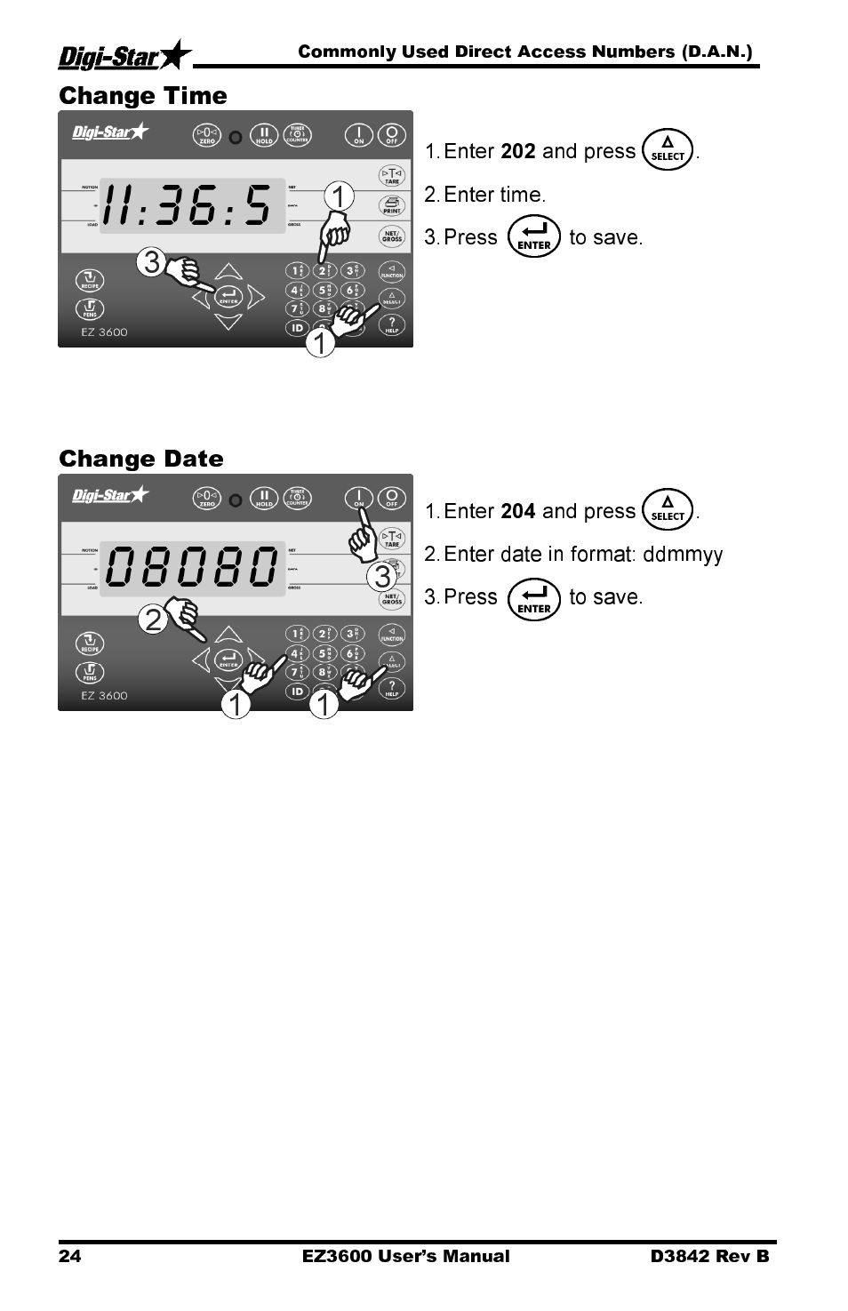 Change time, Change date | Digi-Star EZ 3600 USB Manual User Manual | Page 28 / 52