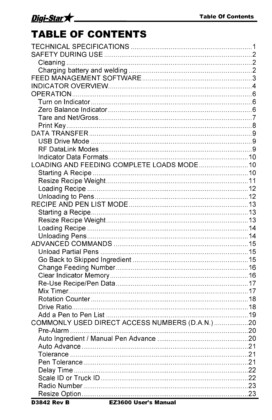 Technical specifications, Safety during use, Cleaning | Charging battery and welding, Feed management software, Indicator overview, Operation, Turn on indicator, Zero balance indicator, Tare and net/gross | Digi-Star EZ 3600 USB Manual User Manual | Page 3 / 52
