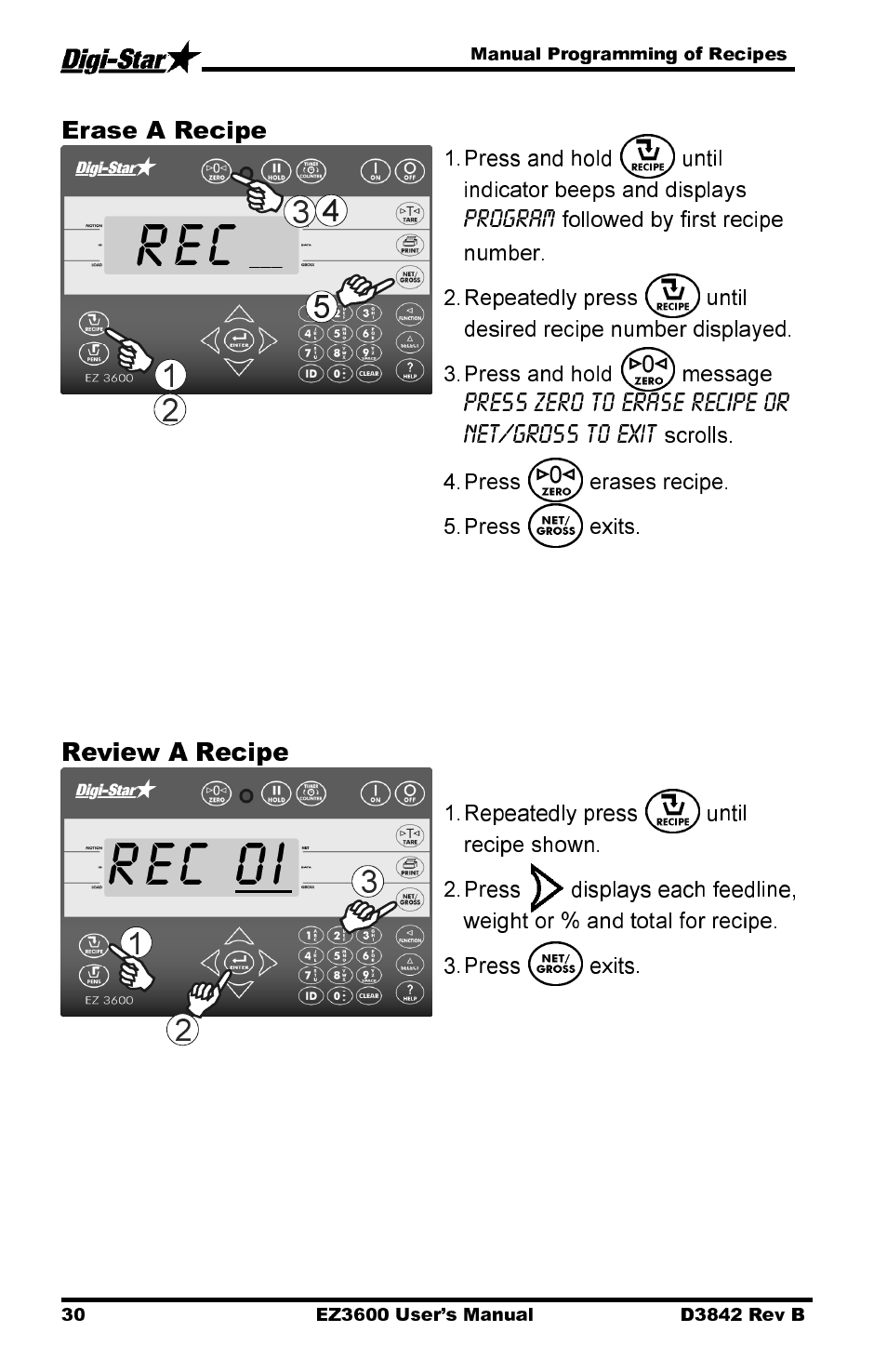 Rec 0i, Erase a recipe, Review a recipe | Digi-Star EZ 3600 USB Manual User Manual | Page 34 / 52