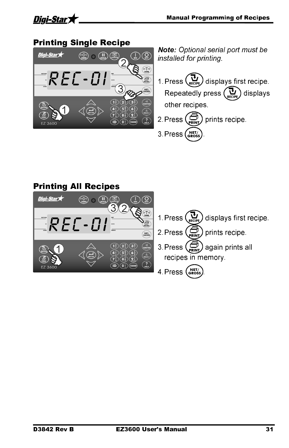 Rec-0i, Printing single recipe, Printing all recipes | Digi-Star EZ 3600 USB Manual User Manual | Page 35 / 52
