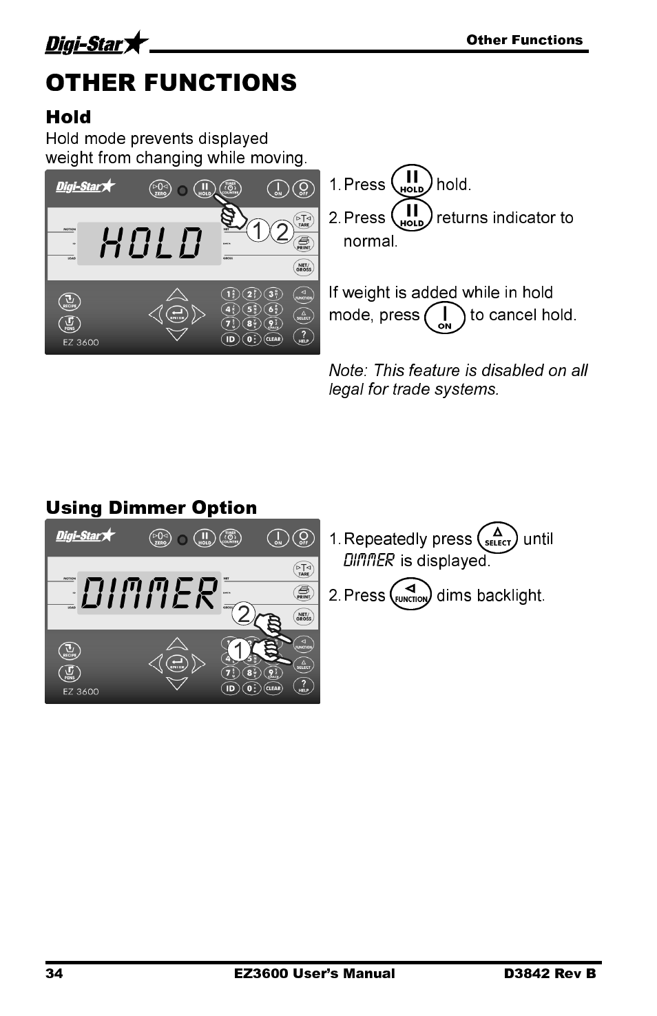 Dimmer, Hold, Using dimmer option | Digi-Star EZ 3600 USB Manual User Manual | Page 38 / 52