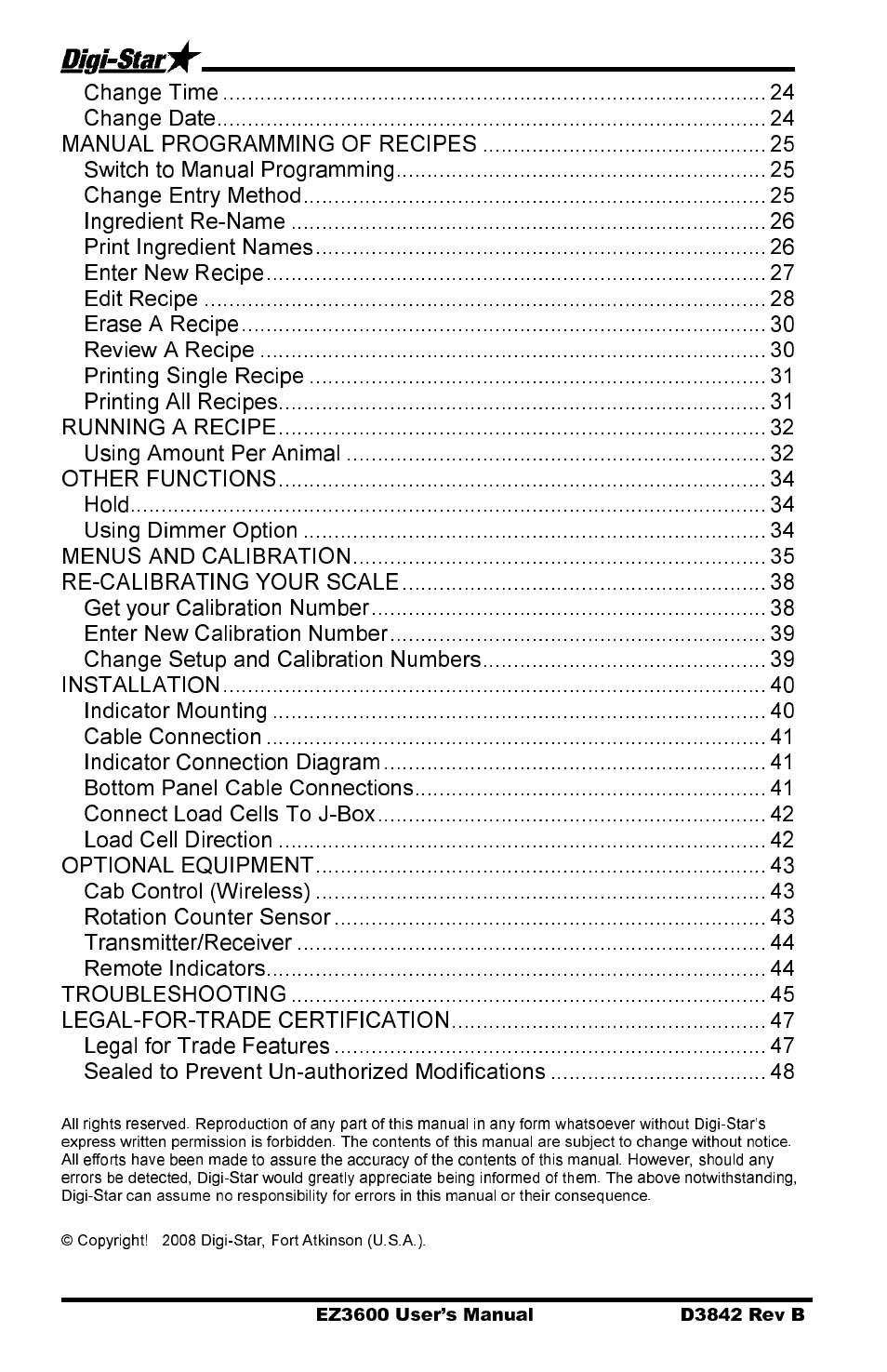 Change time, Change date, Manual programming of recipes | Switch to manual programming, Change entry method, Ingredient re-name, Print ingredient names, Enter new recipe, Edit recipe, Erase a recipe | Digi-Star EZ 3600 USB Manual User Manual | Page 4 / 52