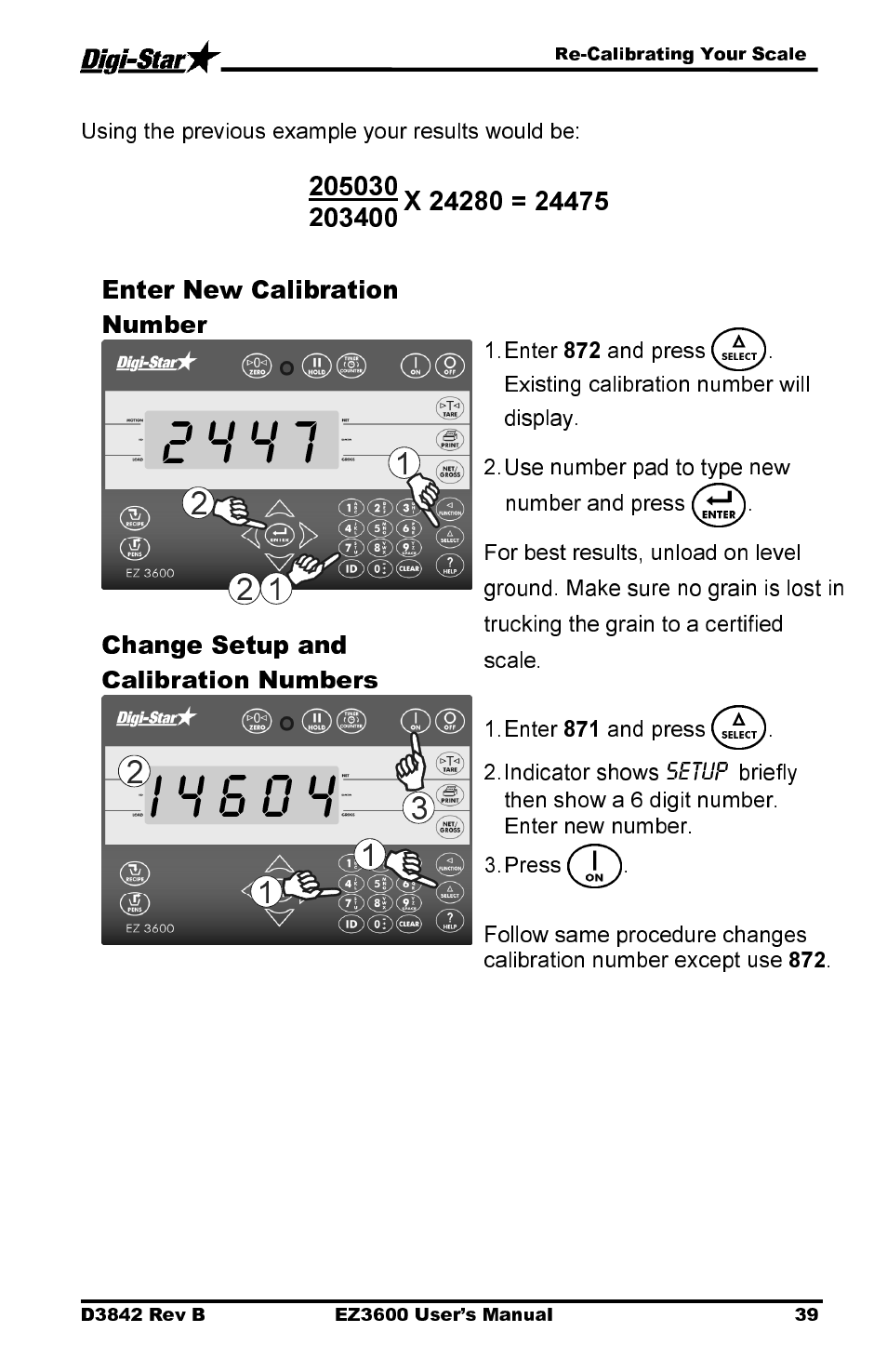 I 4 6 0 4, Enter new calibration number, Change setup and calibration numbers | Digi-Star EZ 3600 USB Manual User Manual | Page 43 / 52