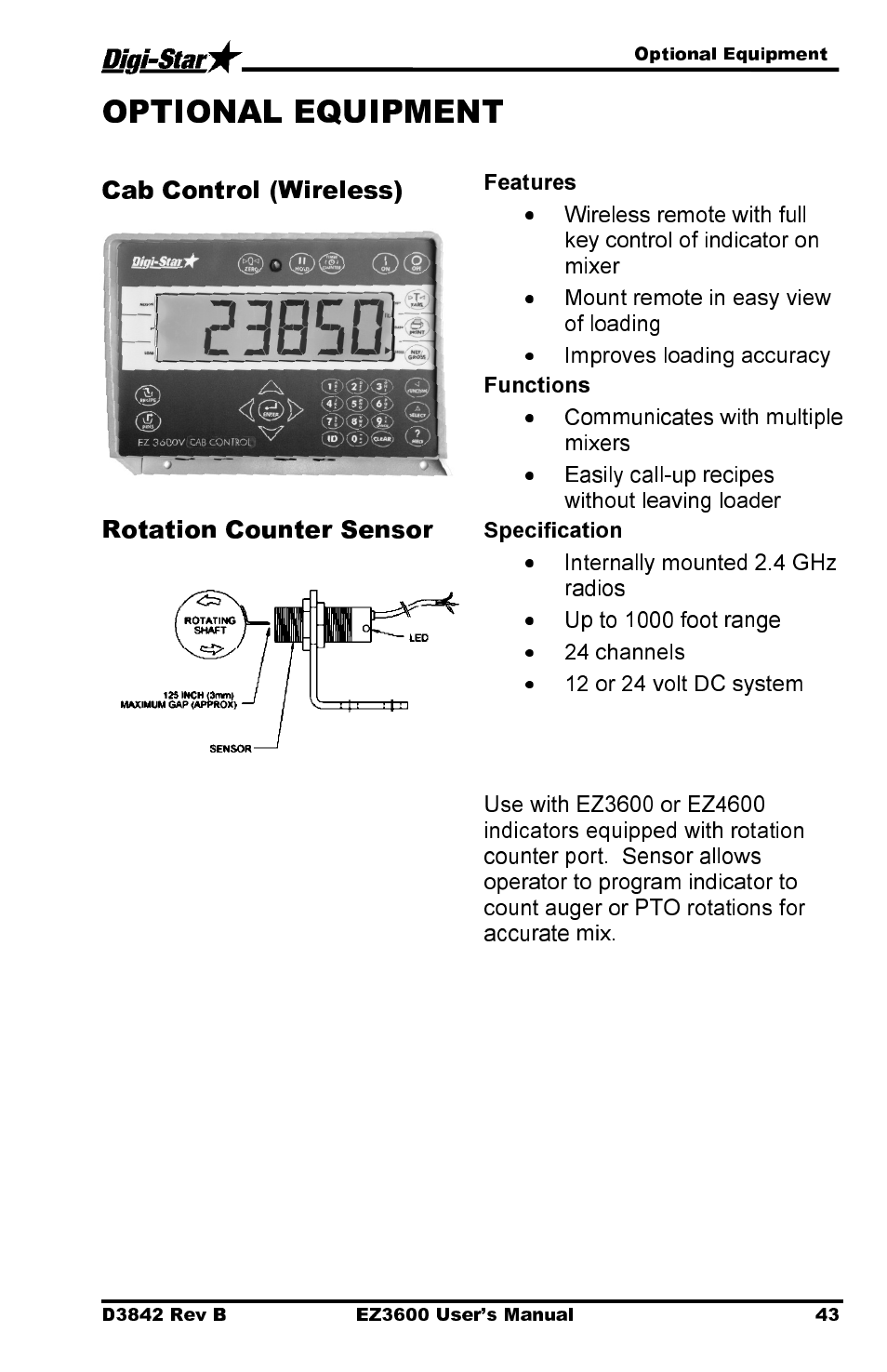 Cab control (wireless), Rotation counter sensor | Digi-Star EZ 3600 USB Manual User Manual | Page 47 / 52