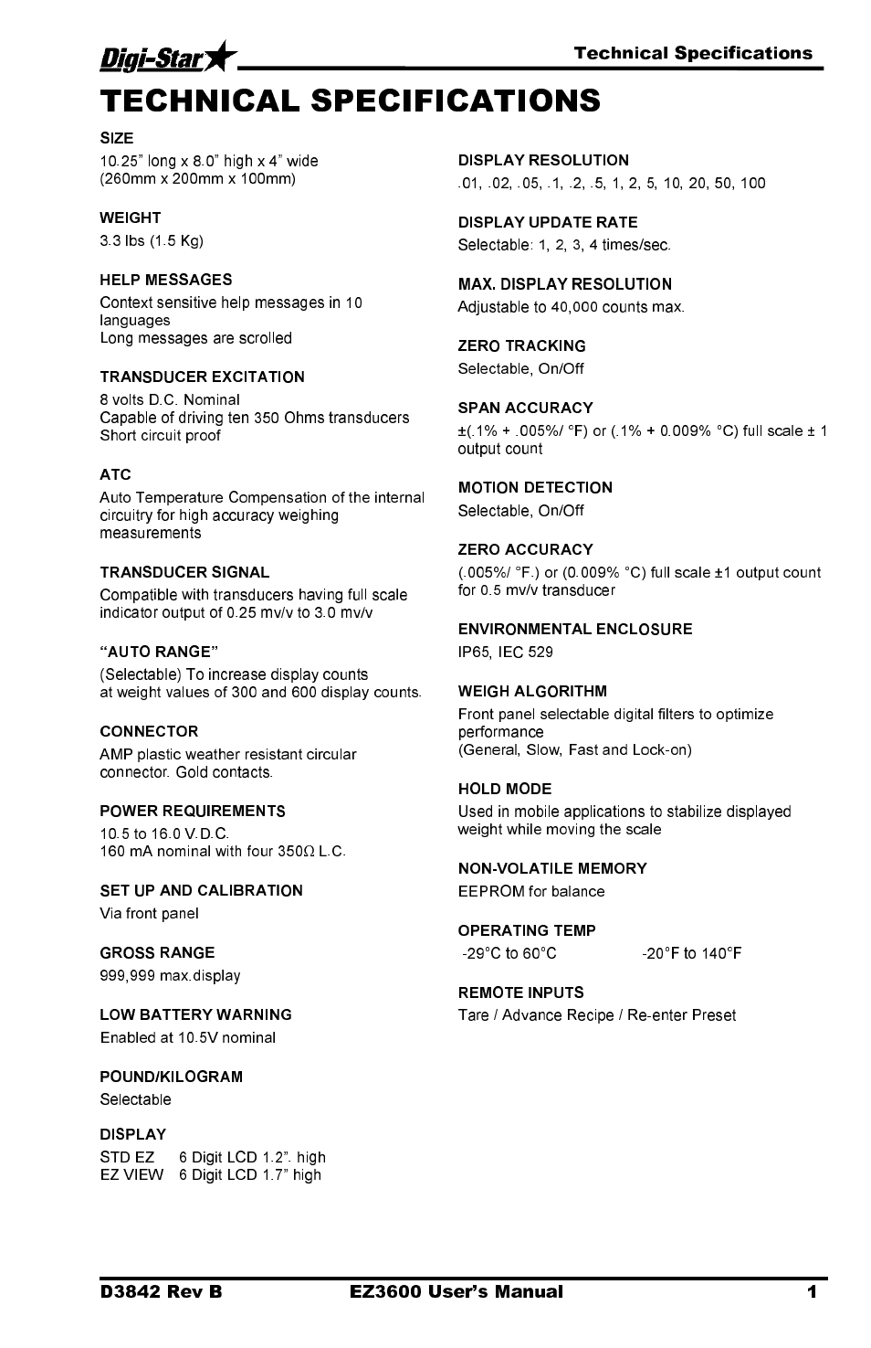 Technical specifications | Digi-Star EZ 3600 USB Manual User Manual | Page 5 / 52