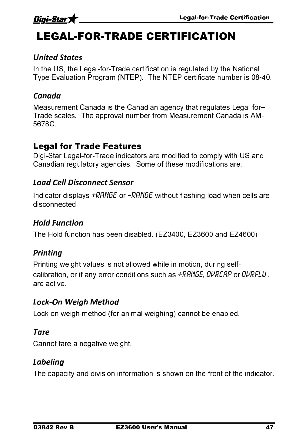 Legal for trade features, Indicator displays, Without flashing load when cells are disconnected | Are active, Cannot tare a negative weight | Digi-Star EZ 3600 USB Manual User Manual | Page 51 / 52