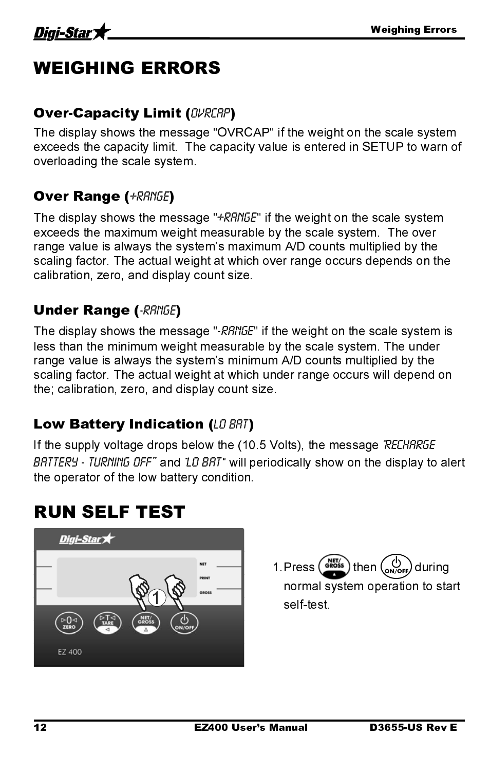 Over-capacity limit, Over range, Under range | Low battery indication | Digi-Star EZ400 User Manual | Page 16 / 29