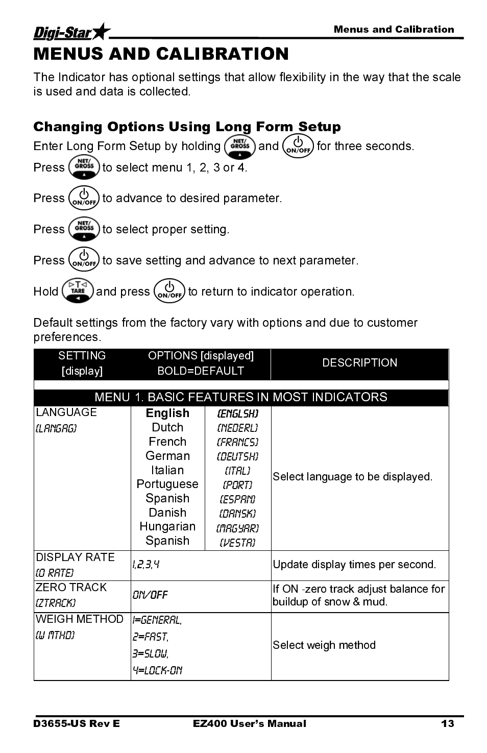 Changing options using long form setup, Menu 1. basic features in most indicators, Menus and calibration | Digi-Star EZ400 User Manual | Page 17 / 29