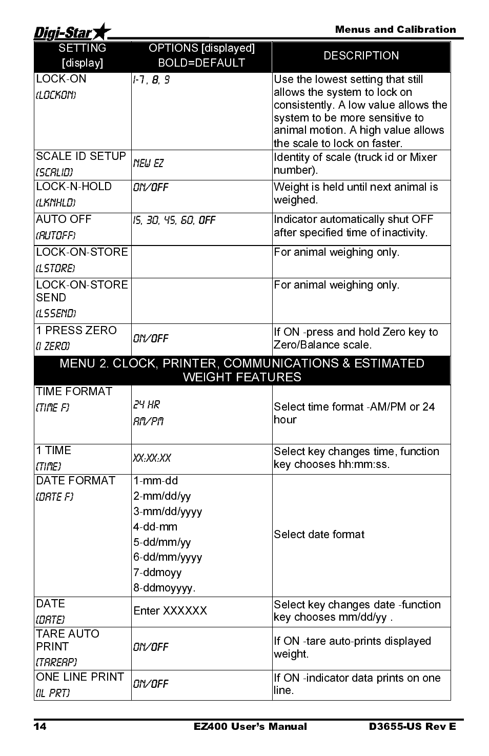 For animal weighing only. lock-on-store send, For animal weighing only. 1 press zero, Time format | Select time format -am/pm or 24 hour 1 time, If on -indicator data prints on one line | Digi-Star EZ400 User Manual | Page 18 / 29