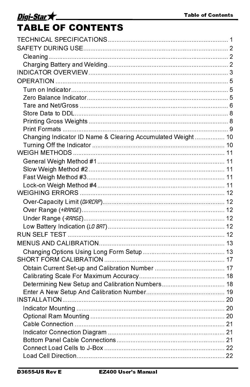 Technical specifications, Safety during use, Cleaning | Charging battery and welding, Indicator overview, Operation, Turn on indicator, Zero balance indicator, Tare and net/gross, Store data to ddl | Digi-Star EZ400 User Manual | Page 3 / 29