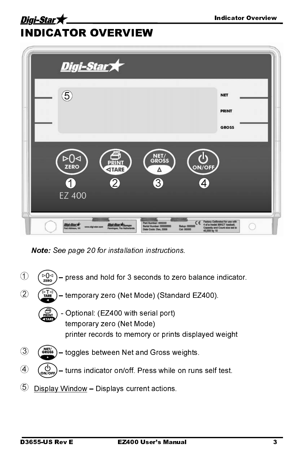 Toggles between net and gross weights | Digi-Star EZ400 User Manual | Page 7 / 29